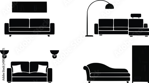 shows a collection of black and white furniture icons commonly used in interior design layouts. 