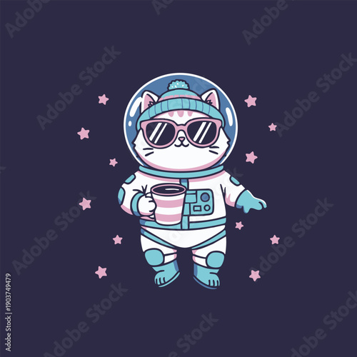 Cute cartoon astronaut cat illustration wearing a full spacesuit, a trendy beanie, and sunglasses while holding a pink striped coffee mug in dark outer space surrounded by tiny stars