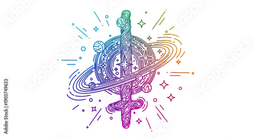 Cosmic Harmony: A Vibrant Abstract Line Art Illustration Blending Music Space and Gender Symbols