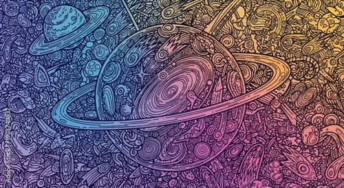 Intricate Cosmic Doodle Art: A Psychedelic Journey Through the Universe with Planets and Galaxies