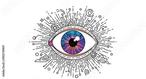 Vibrant digital eye surrounded by intricate circuit patterns symbolizing data, technology, and