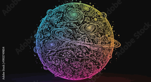 Abstract Celestial Sphere Adorned with Intricate Galactic Designs and a Radiant Rainbow Gradient