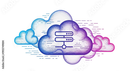 Dynamic cloud computing concept illustration with server icon representing data storage and