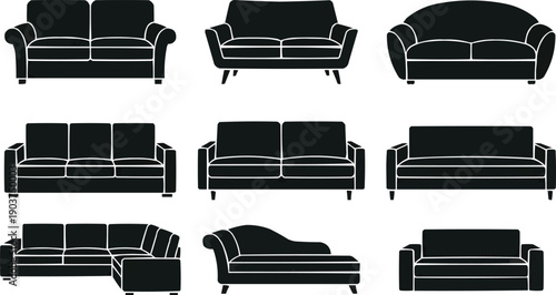 described features a collection of nine distinct sofa designs, presented as black silhouettes against a clean white background.