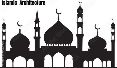 Mosque silhouette with islamic architecture text