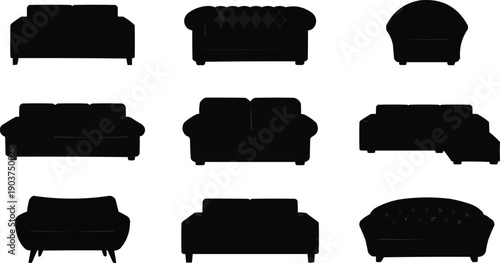 described features a collection of nine distinct black sofa silhouettes arranged in a 3x3 grid format. Here’s a detailed explanation 