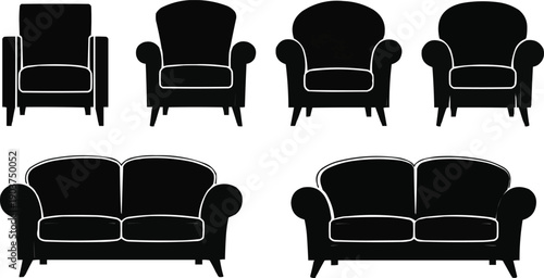  described features a collection of black silhouette illustrations of sofas and armchairs, showcasing a variety of designs