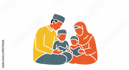 Muslim family reading the Quran together, parents teaching children about Islam, cultural illustration