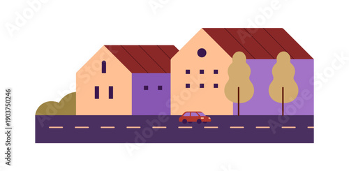 Suburban houses at sunrise light. Geometric morning landscape of suburb with residential buildings, road. Countryside, district of town, village. Flat isolated vector illustration on white background