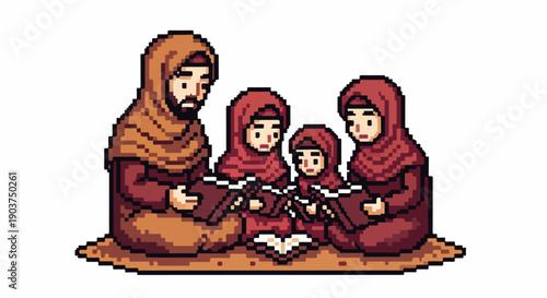 Pixel art illustration of a Muslim family reading books together, promoting education and family bonding.