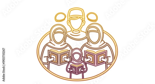 Muslim family reading the Quran together, symbol of Islamic education, faith, and family bonding