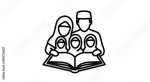 Simple line art illustration of a Muslim family, father, mother, and two children, all wearing traditional attire, reading a book together.