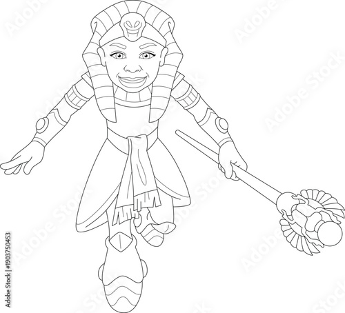 Black and white cartoon drawing of a flying boy dressed as a pharaoh holding a staff. Cartoon style image.