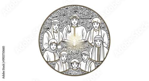 Middle Eastern family portrait in traditional attire, gathered around a glowing book of wisdom, intricate Arabic calligraphy, cultural heritage concept, circular design.