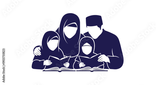 Muslim Family Reading Together, Parents Teaching Children Islamic Education, Cultural Heritage, Love and Unity