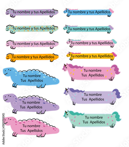 Editable and printable school labels set of dinosaur and unicorn illustrations