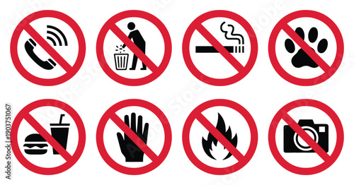Prohibited icon set. artwork with no cell phone, no litter, no smoking, no pets, no eating or drinking, do not touch, no fire, no photography vector illustration.