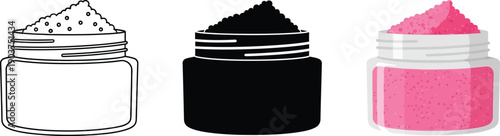 Collection of cosmetic cream jars including outline black silhouette and pink product perfect for beauty product design and advertising