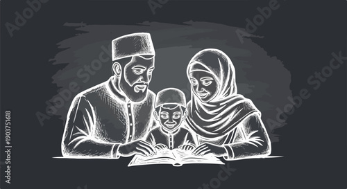 Muslim Family Reading Quran Together on Chalkboard Background, Illustrating Faith, Education, and Family Bonds