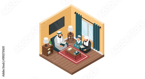 Middle Eastern family in traditional clothing gathered in a living room, isometric view, discussing or reading