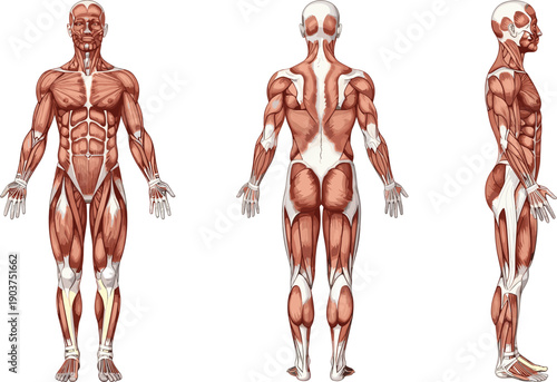 Human muscular system anatomy illustration showing front back and side views, detailed muscle groups diagram, medical fitness education poster isolated