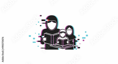Glitch art icon of a family reading books, symbolizing education, knowledge, and digital disruption in learning
