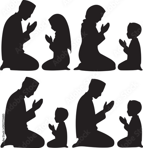 Muslim family praying silhouettes in supplication pose