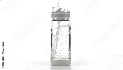 Minimalist studio photography of a clear reusable water bottle with a straw isolated on white. Soft lighting highlights the transparent plastic texture and functional hydration design.