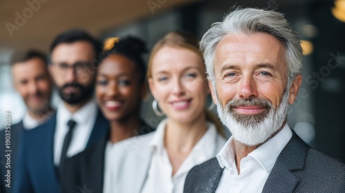 Business Team’s Collective: A confident business team standing in a row and smiling towards camera, embodying the essence of collaboration and shared vision.