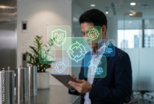 Businessman Uses Holographic ESG Icons to examine sustainability concepts with glowing ESG icons, featuring wind and solar energy, signaling commitment to green practices, innovation, responsible
