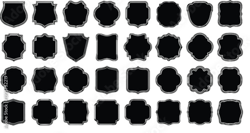 Black decorative label silhouettes, vintage frame shapes, retro outline badge, ornate geometric borders, empty tag design graphics, shield elegant royal crest emblem, retro sticker. Vector set