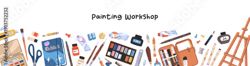 Design of advertising banner with border of stationery for creativity. Promotion template with frame of school supplies for art class. Layout with painting, drawing tools. Flat vector illustration