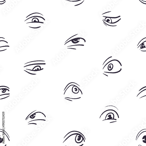 Outline repeatable pattern of different expressions in human eyes. Endless background with various emotions in lookings. Staring, anger, shock, fear in glance. Hand drawn seamless vector illustration