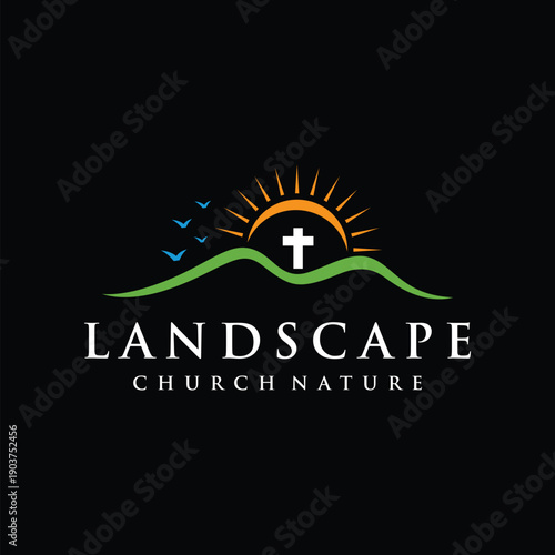 Minimalist Landscape Hill Mountain Peaks Morning Summer Sun Cross Christian Church logo design inspiration