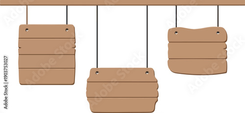 Three rustic wooden signs, textured brown planks, suspended by ropes. A natural, vintage aesthetic for design and decorative projects, providing blank space for custom messages