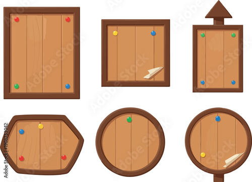 A versatile collection of empty wooden bulletin boards and noticeboards in various shapes, perfect for displaying messages, announcements, and creative concepts with a clean graphic design