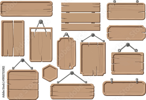 Various empty wooden signs, rustic planks, and boards for design. Perfect for UI, message boards, labels, offering a classic handcrafted aesthetic
