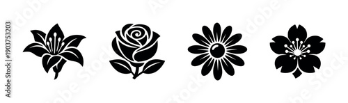 Set of four flowers silhouettes in black and white, flat vector illustration