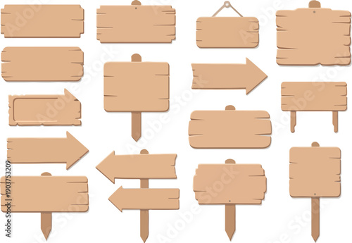 A versatile set of blank wooden signs and rustic noticeboards in various shapes, perfect for custom text, directional indicators, or decorative elements in design projects