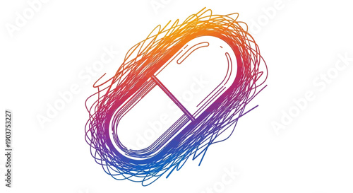 Vibrant scribbled capsule icon showcasing modern pharmaceutical design in rainbow colors