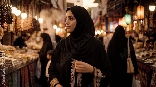A young woman wearing a traditional black abaya and hijab walks confidently through a bustling, vibrant, and brightly lit traditional Middle Eastern marketplace during the evening hours.