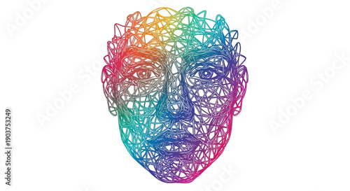 Colorful abstract human head made of intricate lines representing digital identity or mind