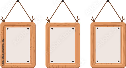 Three rustic wooden frames with blank white paper sheets hanging by ropes, ready for custom text or images. Perfect for announcements, menus, or decorative signage