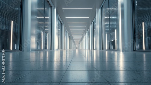 Sleek Corridor of Tomorrow: A minimalist and futuristic corridor, bathed in cool, ethereal light, hinting at a world of cutting-edge innovation and technological advancement.