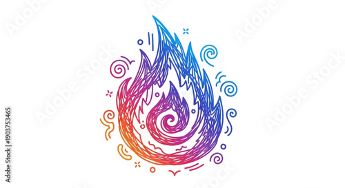 Vibrant doodle flame illustration with gradient colors and artistic swirls and dynamic energy