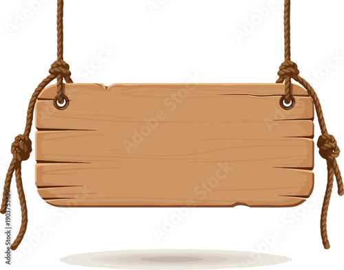 An empty, weathered wooden signboard with a rough texture and drilled holes, suspended by sturdy knotted ropes, ready for custom text or a creative design element
