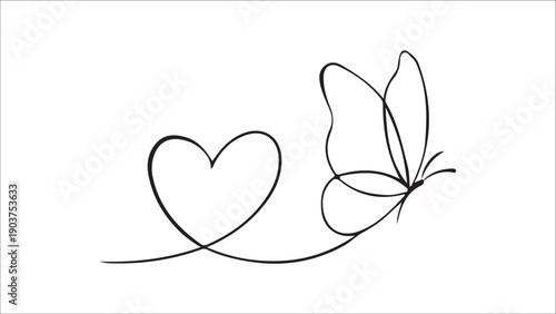 Black line heart and butterfly on white background love romance symbol