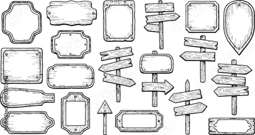 Wooden Signboard Doodle Wood Road Sign Hand Draw Arrow And Plaque