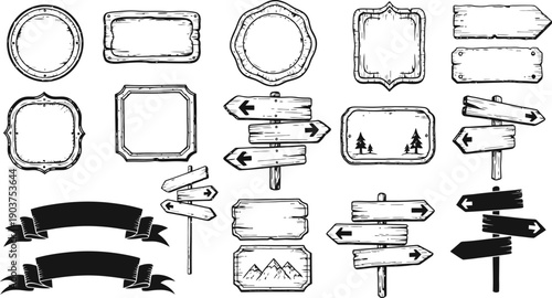 Wooden Signboard Doodle Wood Road Sign Hand Draw Arrow And Plaque