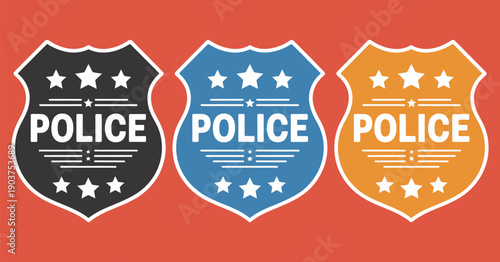 Police badge illustration featuring officer, government, special police, security medallion, and federal agent signs, vector icon design.